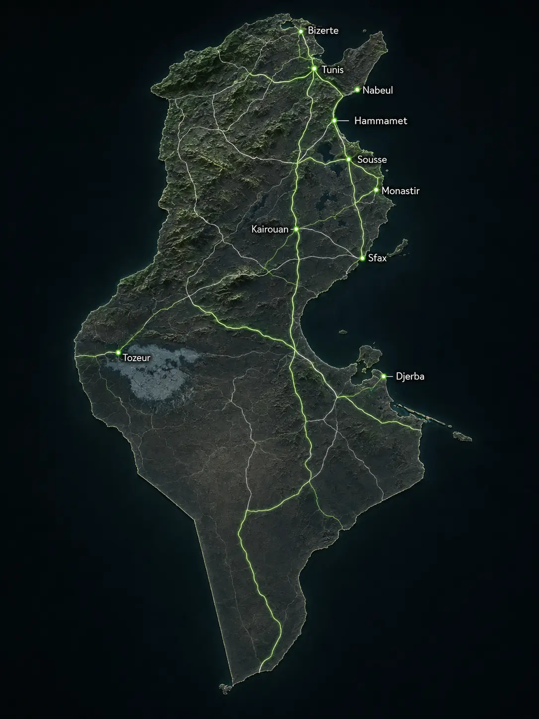 Carte de Tunisie avec les principales villes desservies